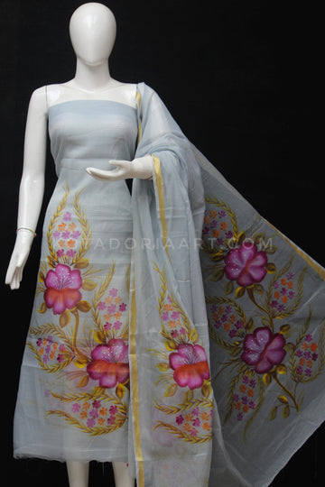 Gray Kota Doria Cotton Hand Pented Dress Material With Bottom.