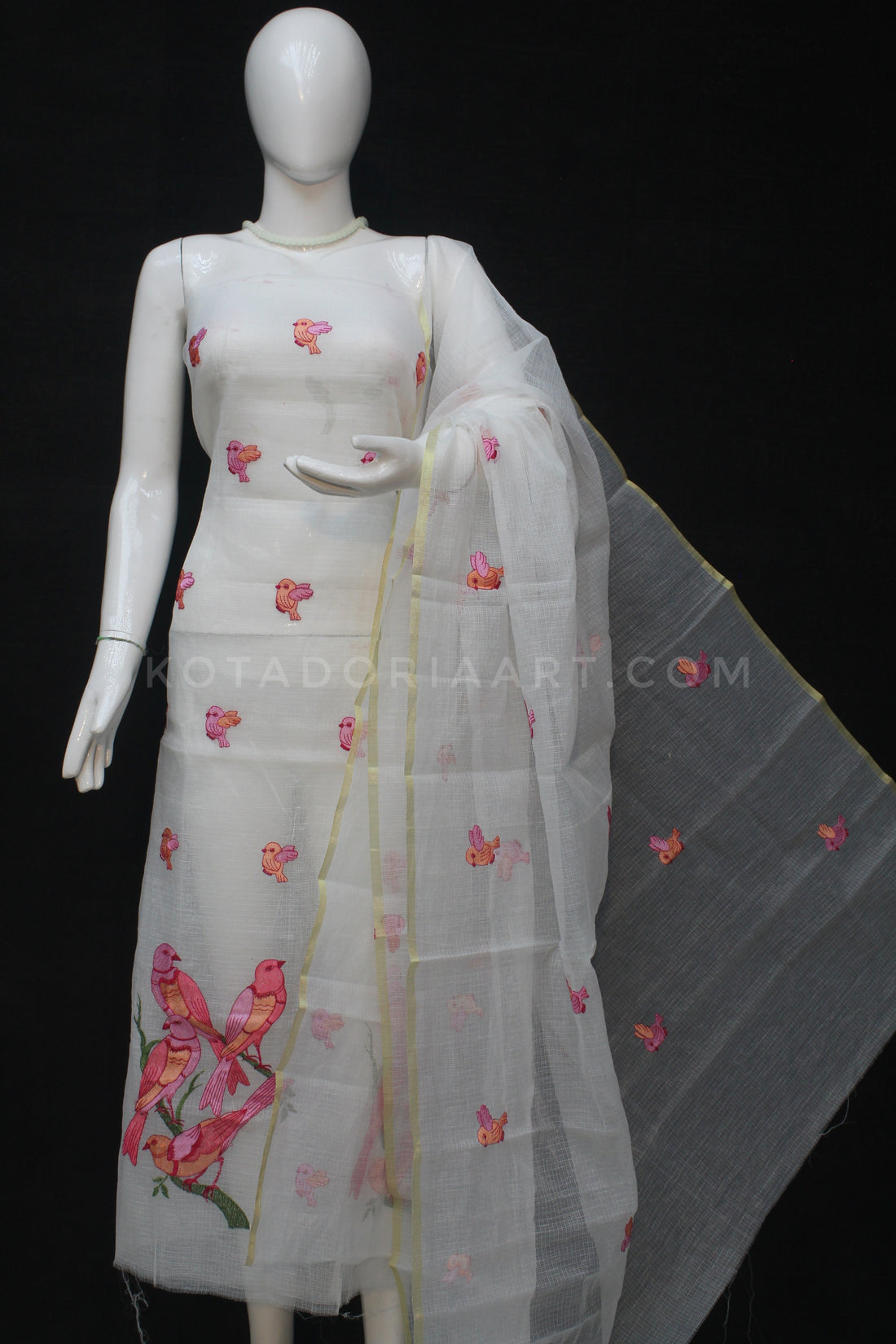 White Kota Doria Cotton Embroidery Work Dress Material