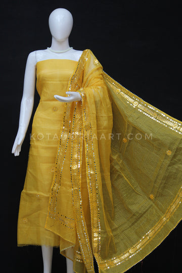 Yellow Kota Doria Cotton Gota-Patti Work Dress Material with Bottom