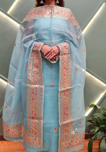 Sky-blue Orange Kota Doria Cotton Gota-Patti Work Dress Material With Bottom.