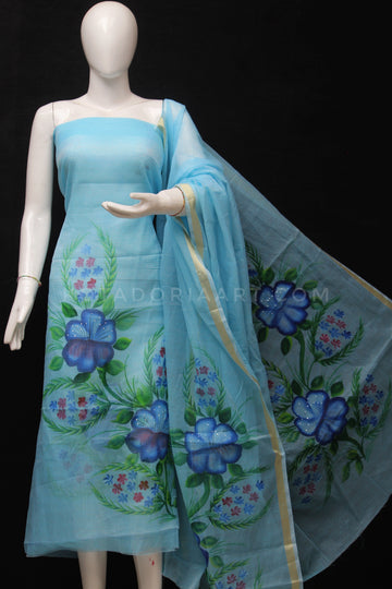 A3 - Sky-blue Kota Doria Cotton Hand Pented Dress Material With Bottom.