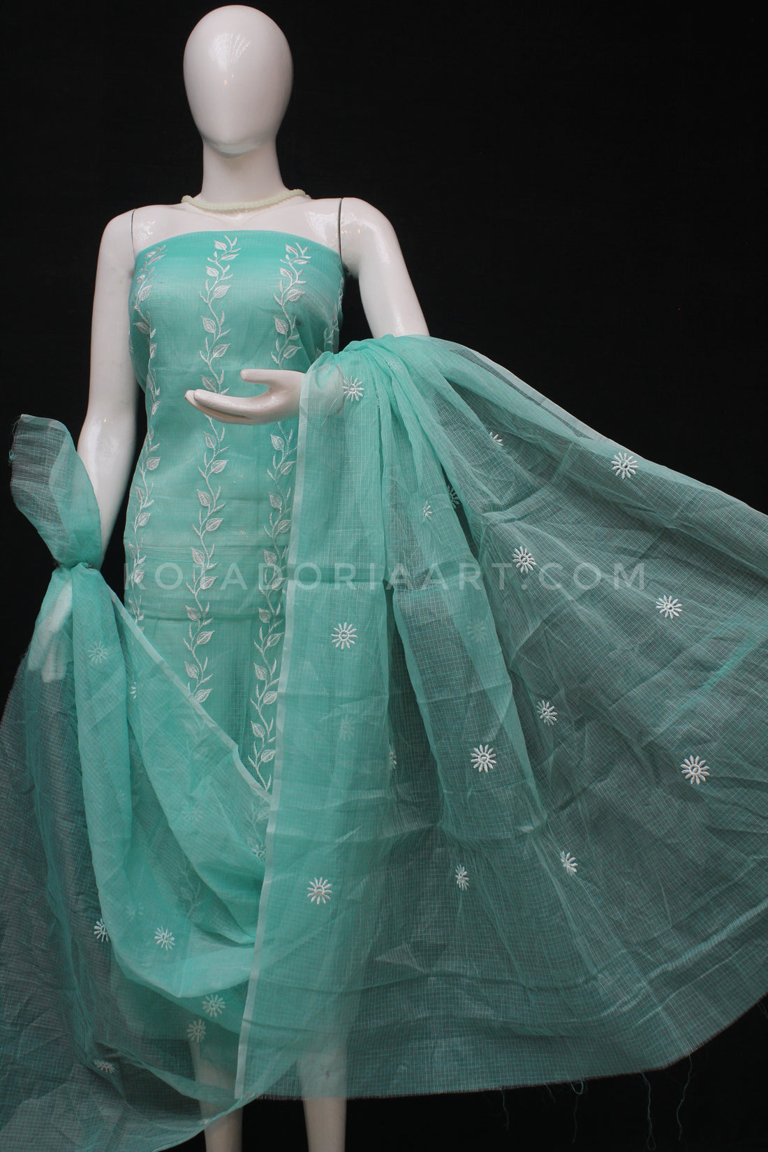 Sea-Green Kota Doria Cotton Embroidery Work Dress Material