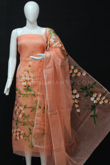 Orange Kota Doria Cotton Hand Pented Dress Material With Bottom.