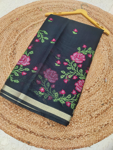 Black Cotton Kota Doria Embroidery Work Saree With Contrast Blouse Piece