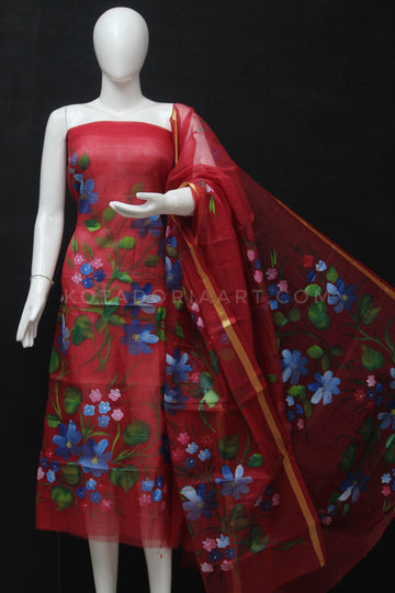 Red Kota Doria Cotton Hand Pented Dress Material With Bottom.