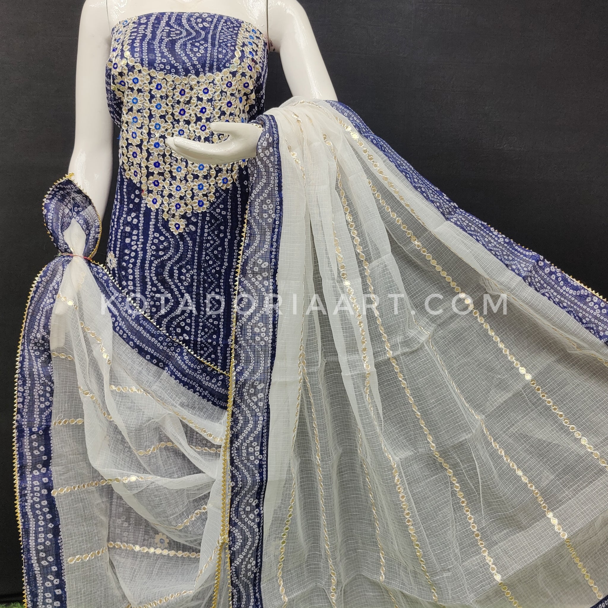 Blue Bandhej Kota Doria Cotton Gota-Patti Work Dress Material