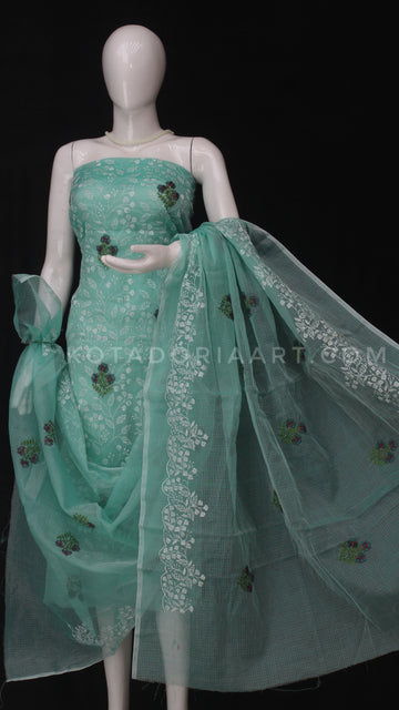 Sea-green Kota Doria Cotton Embroidery Work Dress Material