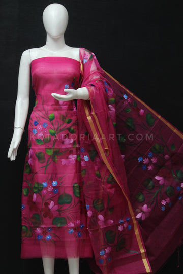 Raani Kota Doria Cotton Hand Pented Dress Material With Bottom.