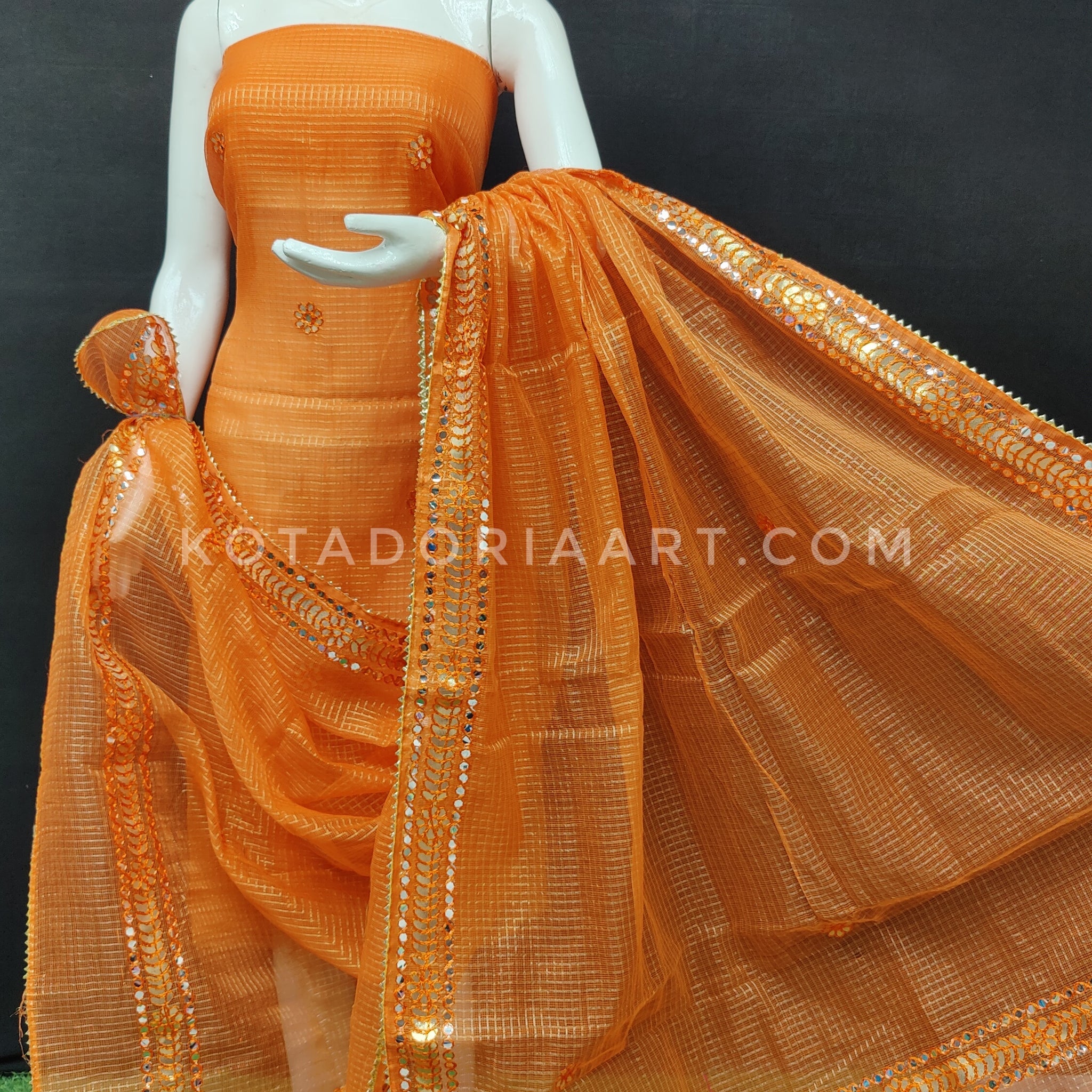 Orange Kota Doria Cotton Gota-Patti Work Dress Material with Bottom