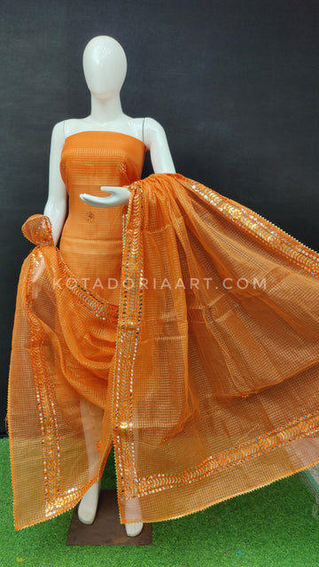 Orange Kota Doria Cotton Gota-Patti Work Dress Material with Bottom