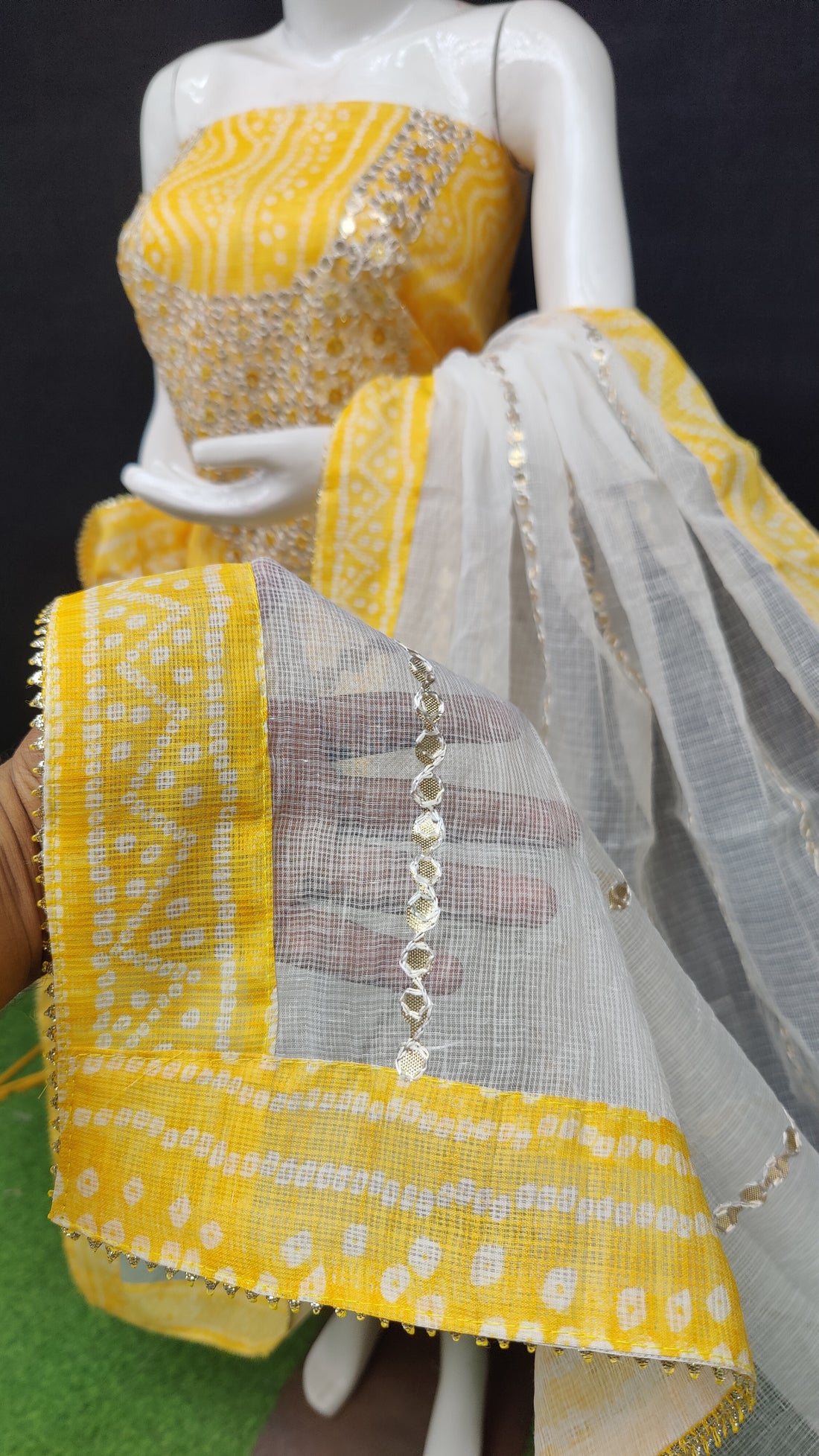 Yellow Bandhej Kota Doria Cotton Gota-Patti Work Dress Material