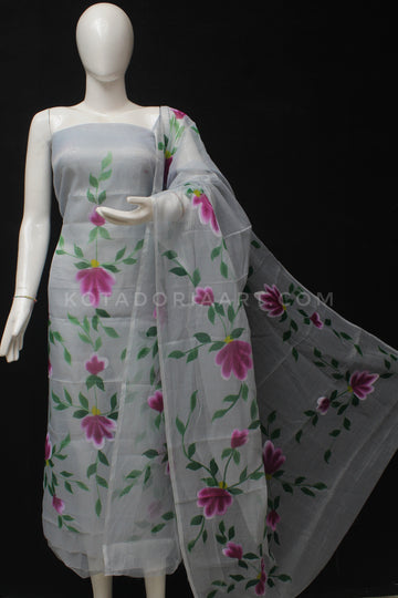 Gray Kota Doria Cotton Hand Pented Dress Material With Bottom.
