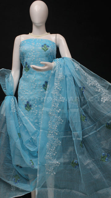 Sky-blue Kota Doria Cotton Embroidery Work Dress Material