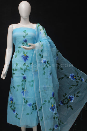 Sky-blue Kota Doria Cotton Hand Pented Dress Material With Bottom.