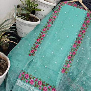 Sea Green Kota Doria Cotton Embroidery Work Dress Material