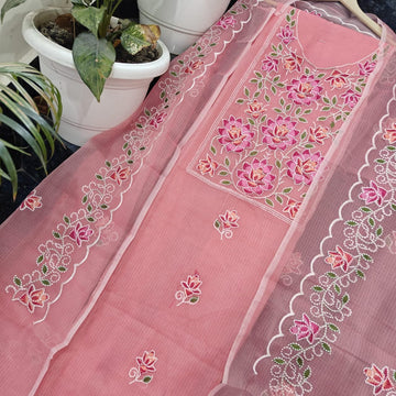 Peach Doria Cotton Embroidery Work Dress Material
