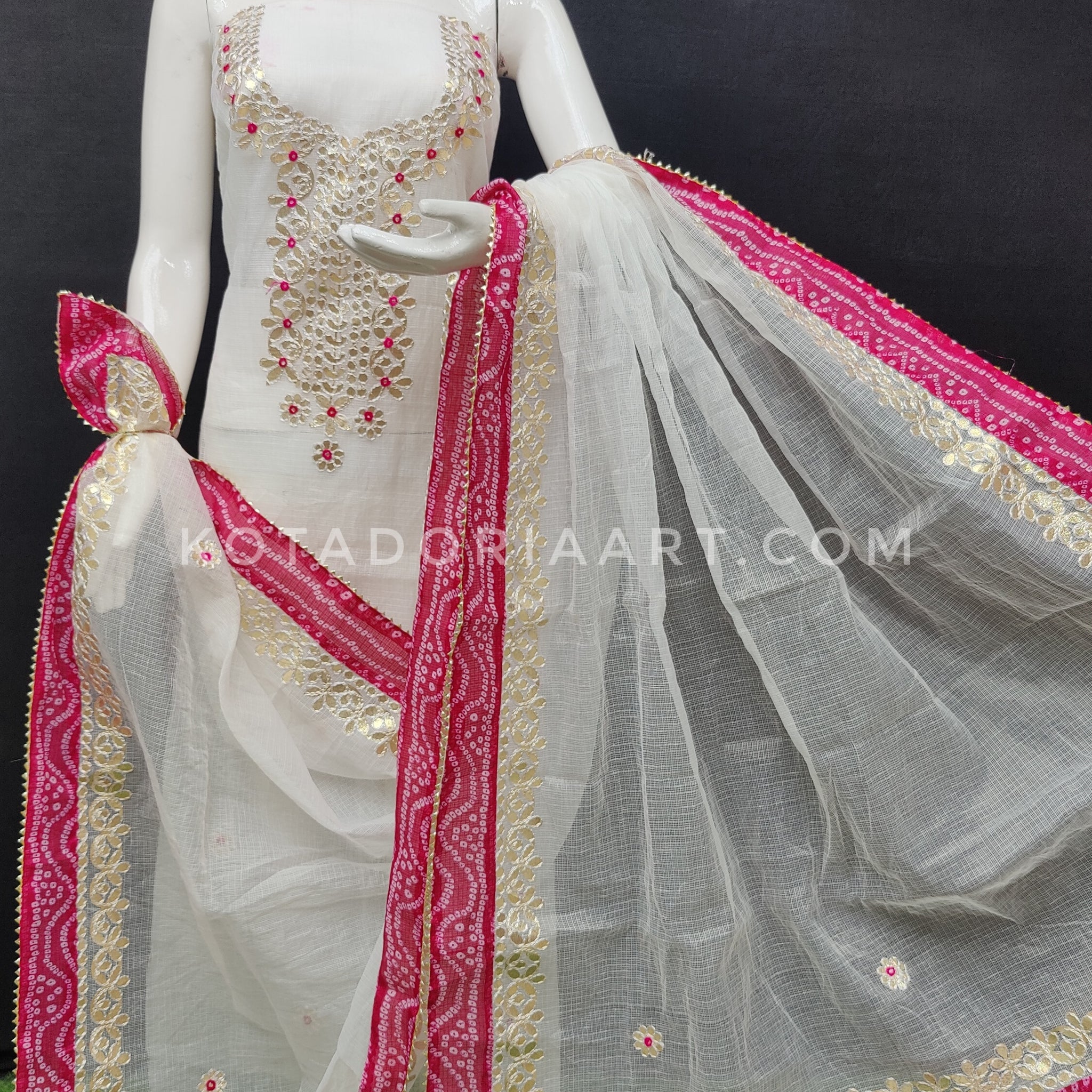 White Bandhej Border Kota Doria Cotton Gota-Patti Work Dress Material