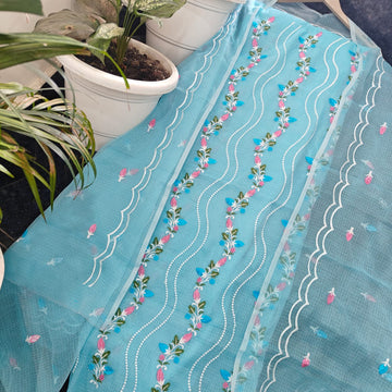 Sky-blue Doria Cotton Embroidery Work Dress Material