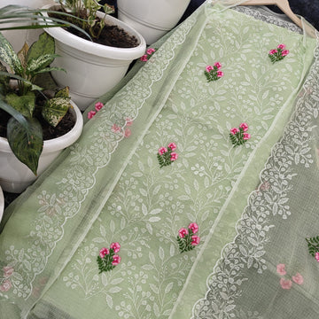 Mint-Green Kota Doria Cotton Embroidery Work Dress Material