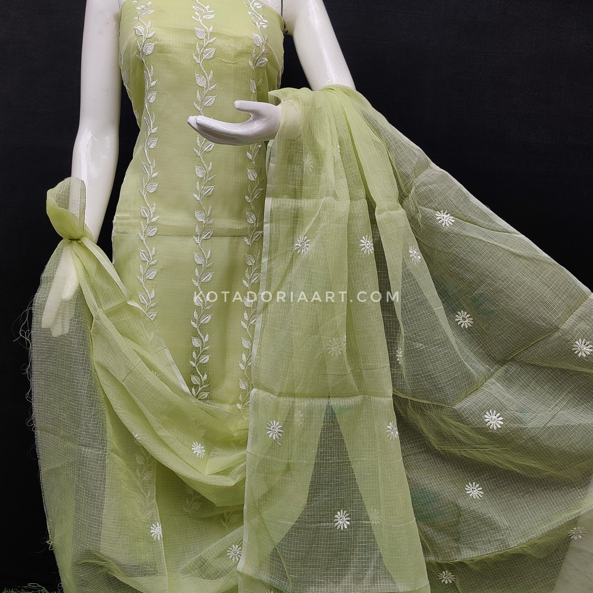 Pista Kota Doria Cotton Embroidery Work Dress Material
