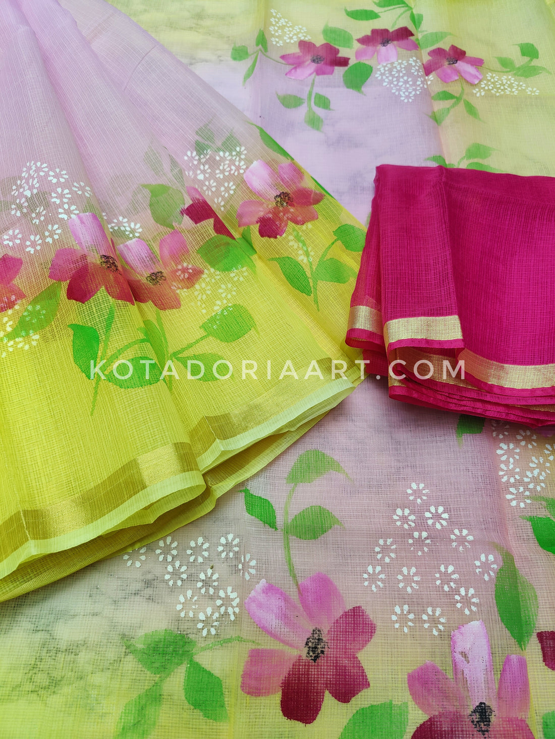 Purple Cotton Kota Doria Hand Painted Saree With Contrast Blouse