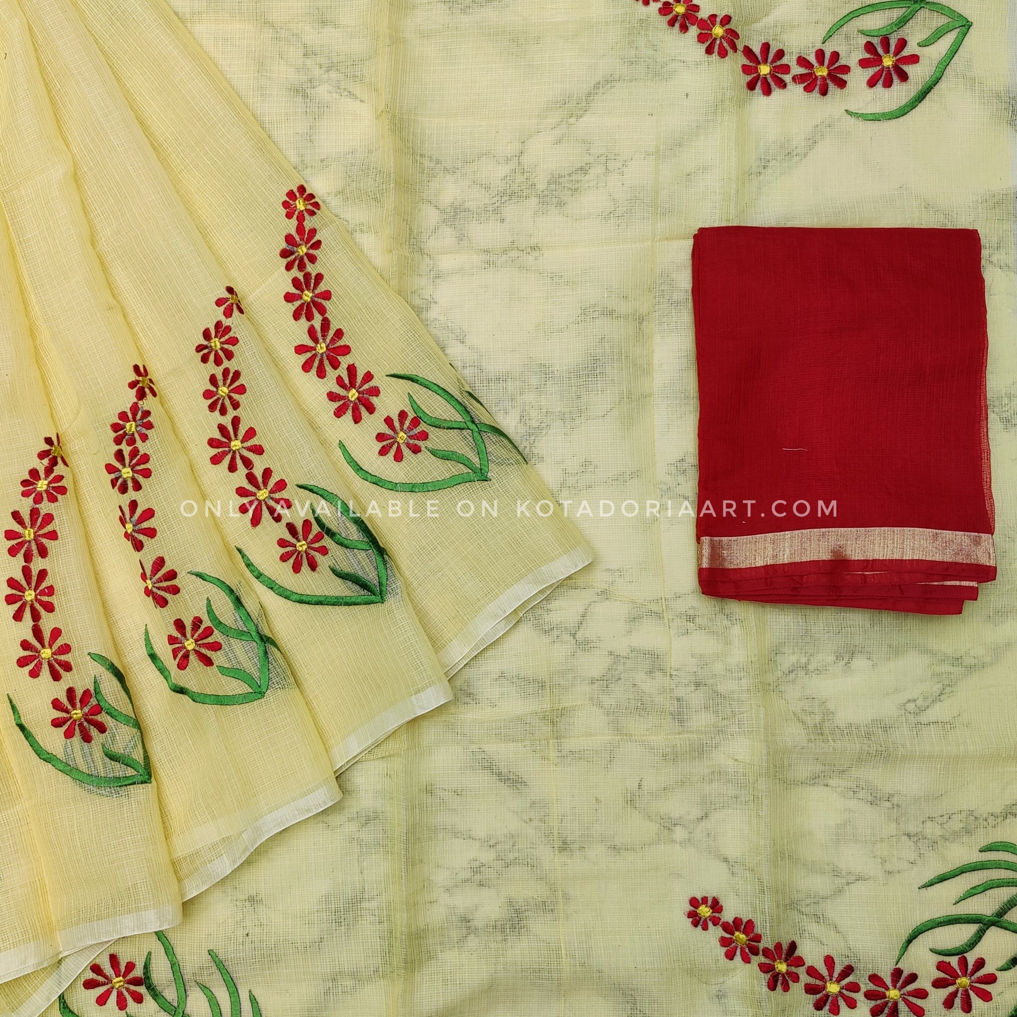 Yellow Cotton Kota Doria Embroidery Work Saree With Contrast Blouse Piece