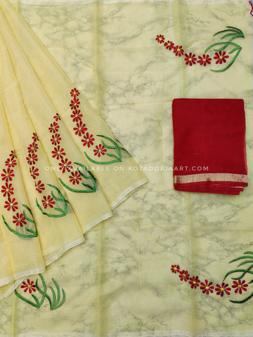 Yellow Cotton Kota Doria Embroidery Work Saree With Contrast Blouse Piece
