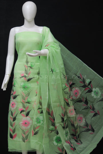 Green Kota Doria Cotton Hand Pented Dress Material With Bottom.