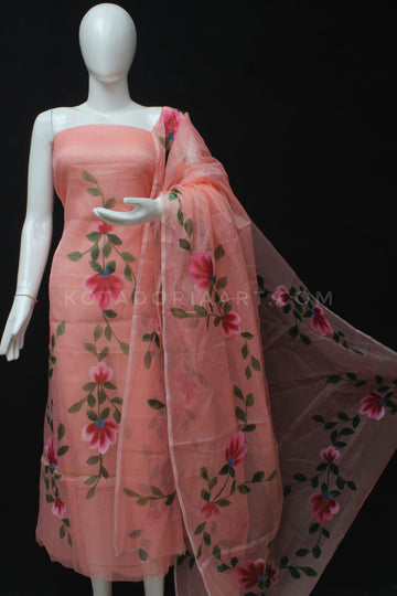 Peach Kota Doria Cotton Hand Pented Dress Material With Bottom.