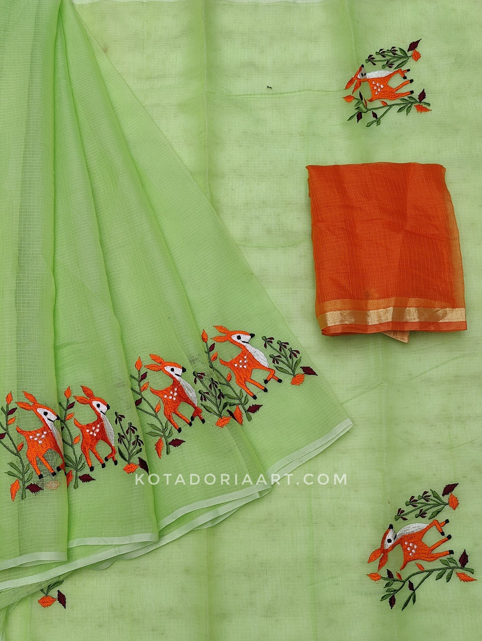 Green Cotton Kota Doria Embroidery Work Saree With Contrast Blouse Piece