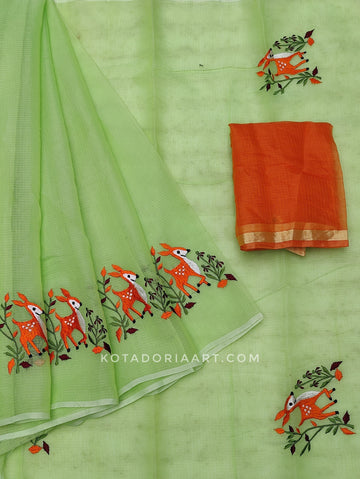 Green Cotton Kota Doria Embroidery Work Saree With Contrast Blouse Piece