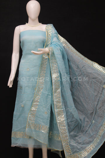 Sky-blue Kota Doria Cotton Gota-Patti Work Dress Material with Bottom