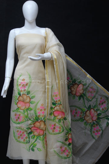 Beige Kota Doria Cotton Hand Pented Dress Material With Bottom.