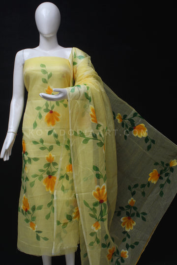 Yellow Kota Doria Cotton Hand Pented Dress Material With Bottom.