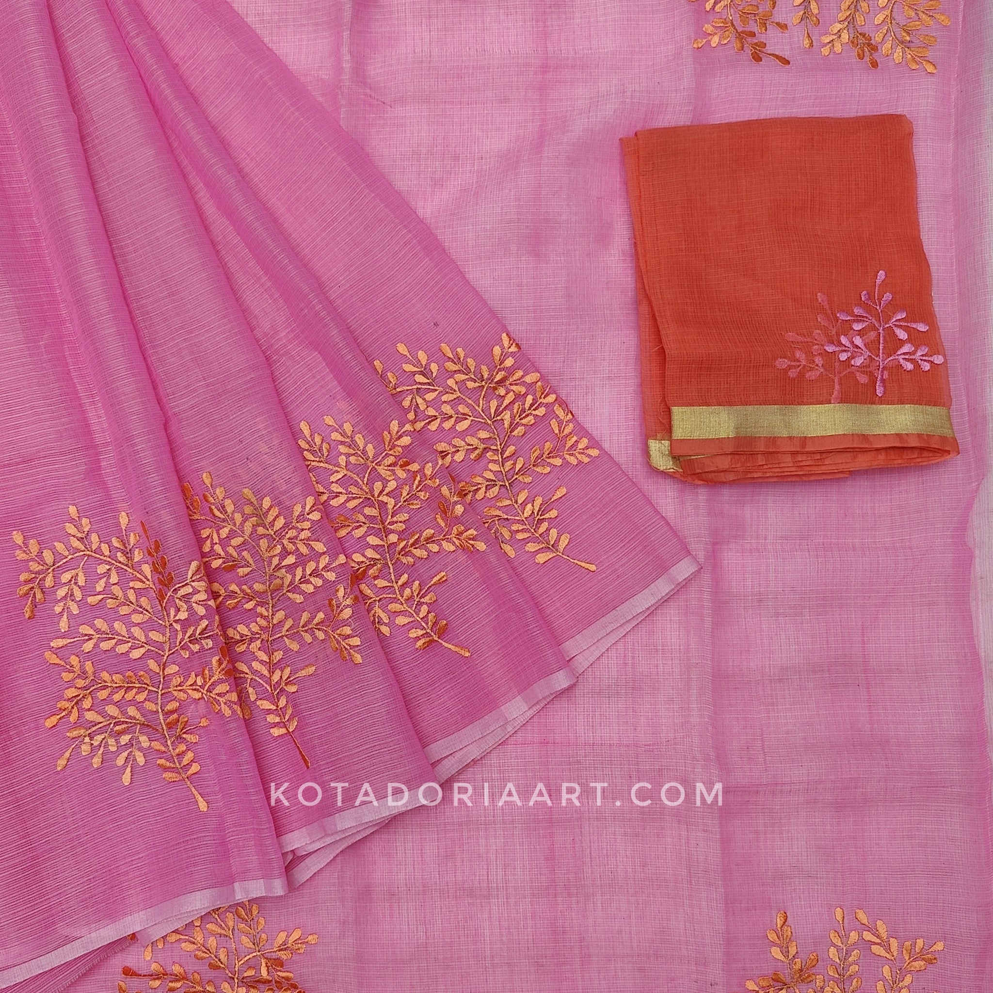 Pink White Cotton Kota Doria Embroidery Work Saree With Contrast Blouse Piece