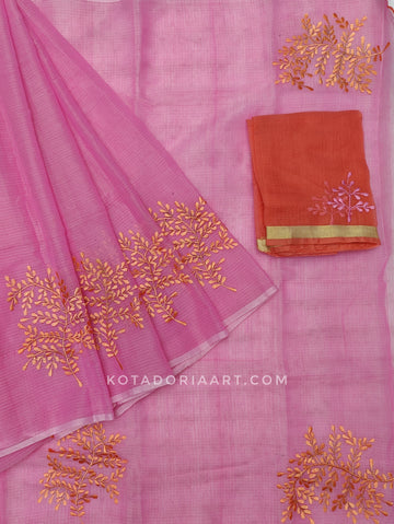 Pink White Cotton Kota Doria Embroidery Work Saree With Contrast Blouse Piece