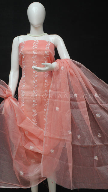 Peach Kota Doria Cotton Embroidery Work Dress Material