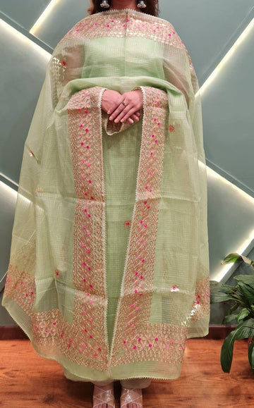Pista Green Kota Doria Cotton Gota-Patti Work Dress Material