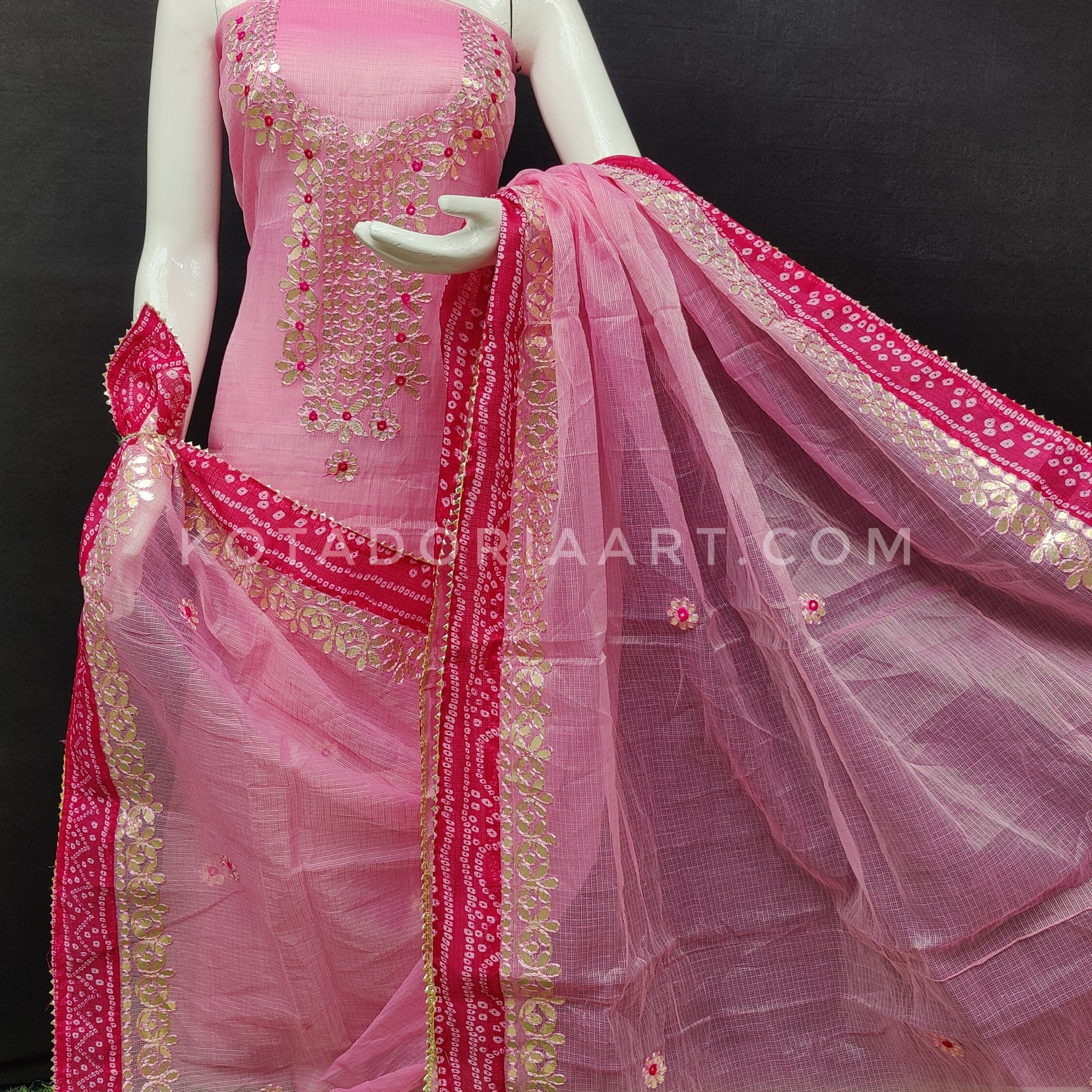 Pink Bandhej Border Kota Doria Cotton Gota-Patti Work Dress Material