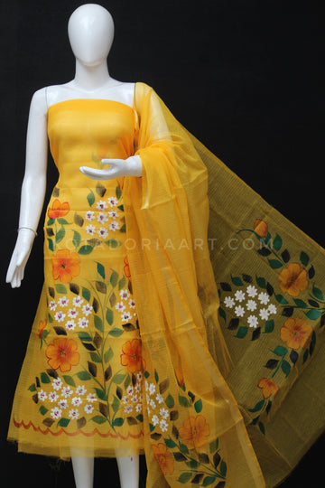 Yellow Kota Doria Cotton Hand Pented Dress Material With Bottom.