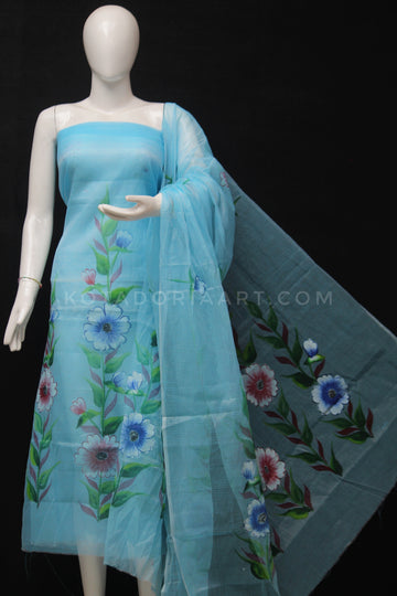 Sky-Blue Kota Doria Cotton Hand Pented Dress Material With Bottom.