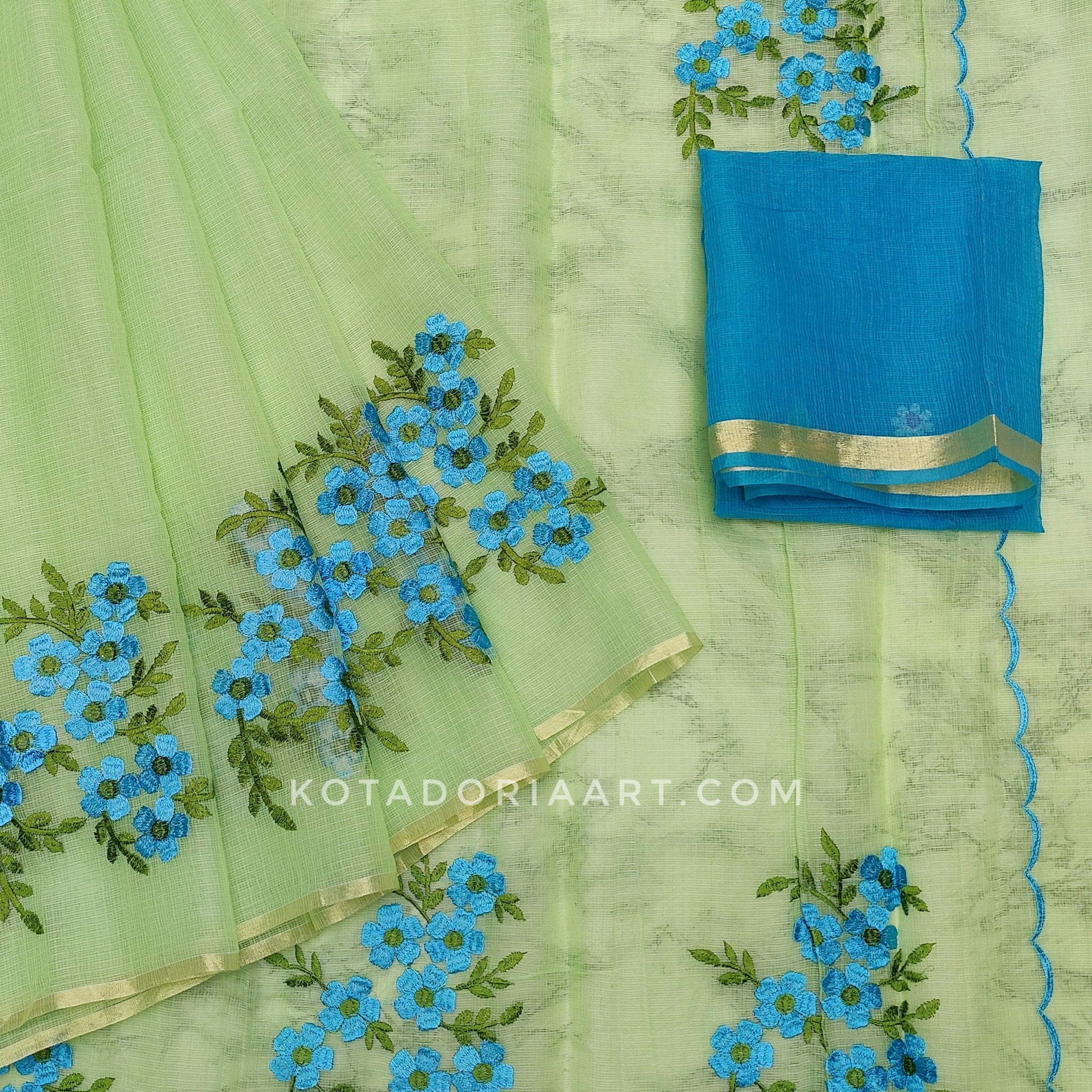Green Cotton Kota Doria Embroidery Work Saree With Contrast Blouse Piece
