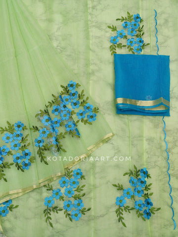 Green Cotton Kota Doria Embroidery Work Saree With Contrast Blouse Piece