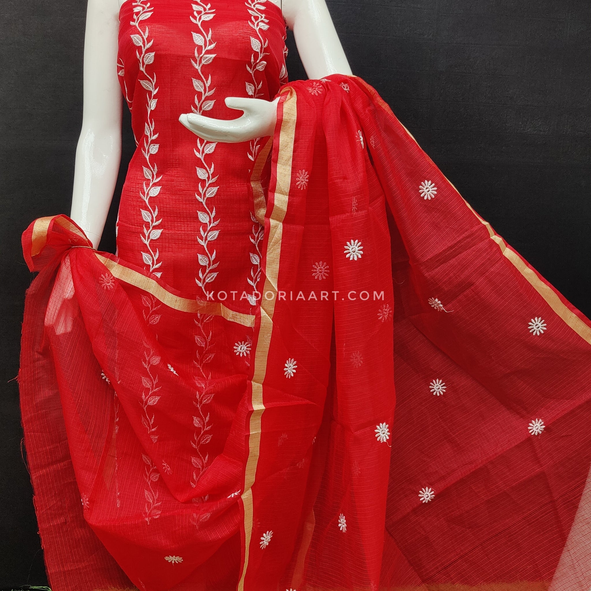 Red Kota Doria Cotton Embroidery Work Dress Material