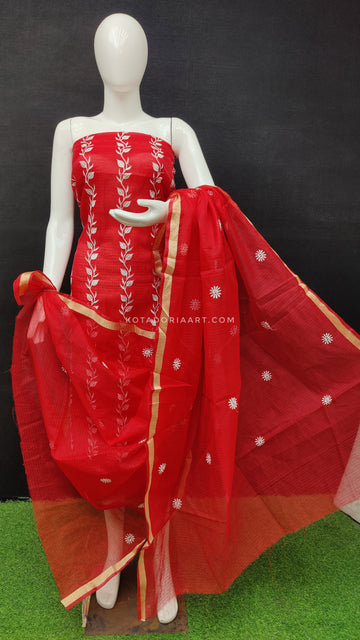 Red Kota Doria Cotton Embroidery Work Dress Material