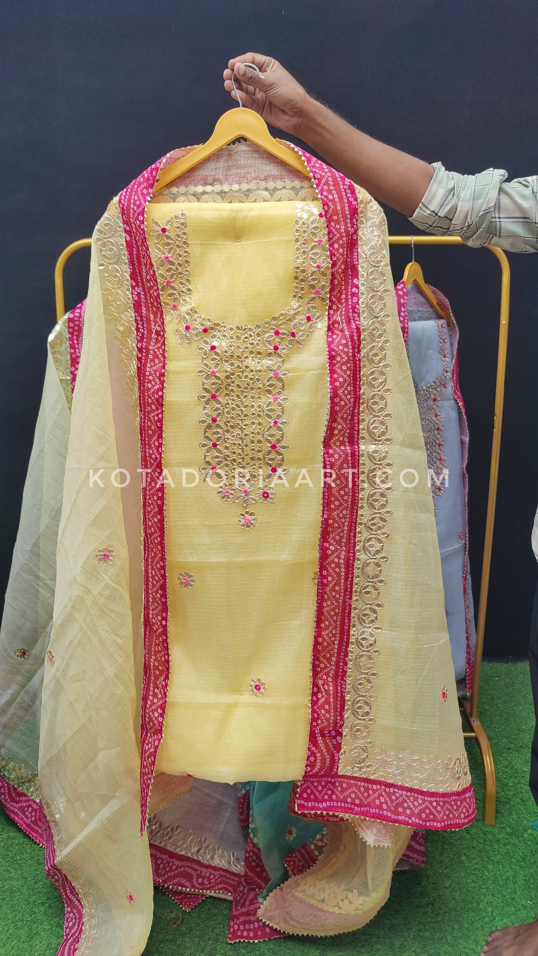 Yellow Bandhej Border Kota Doria Cotton Gota-Patti Work Dress Material