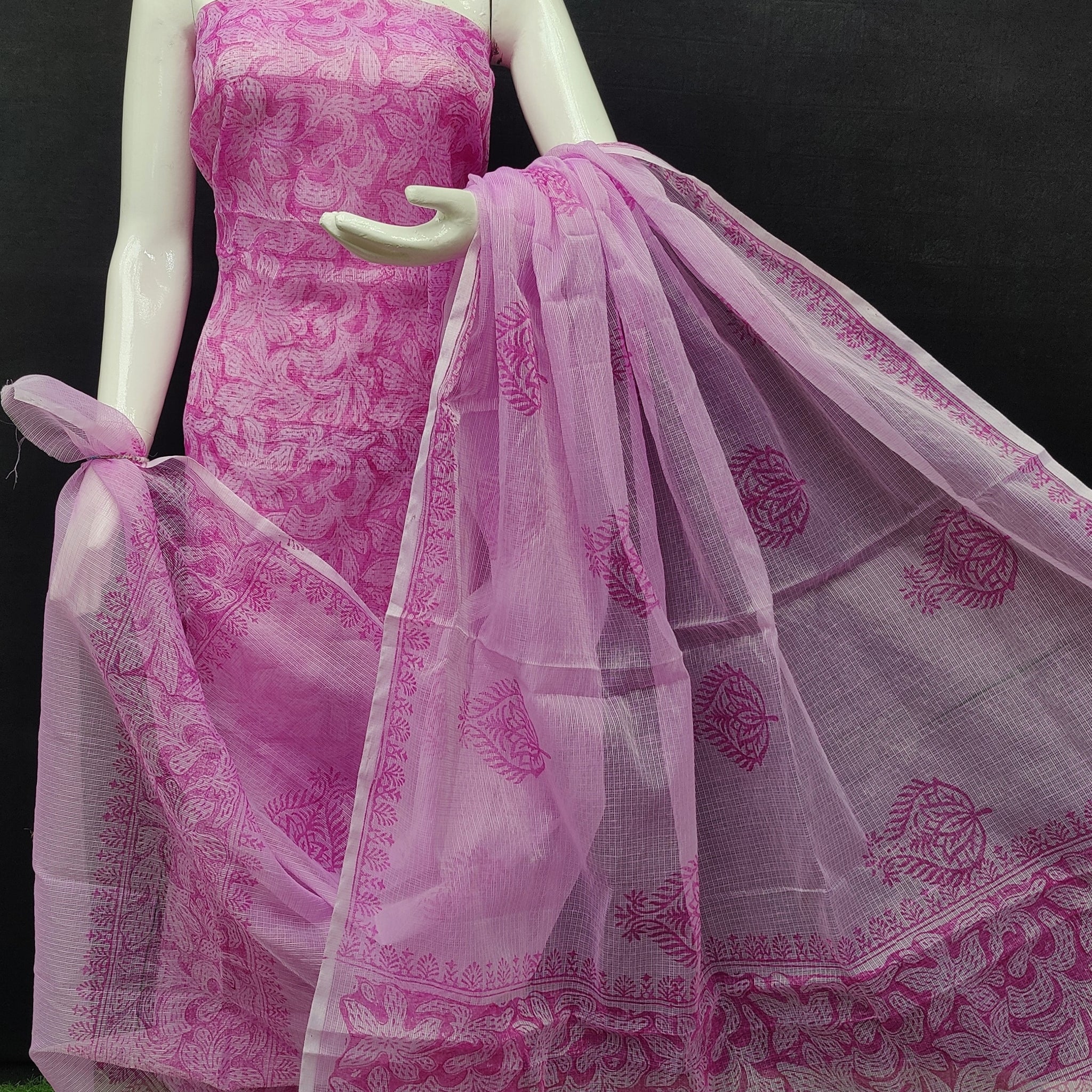 Purple Kota Doria Cotton Block Printed Dress Material