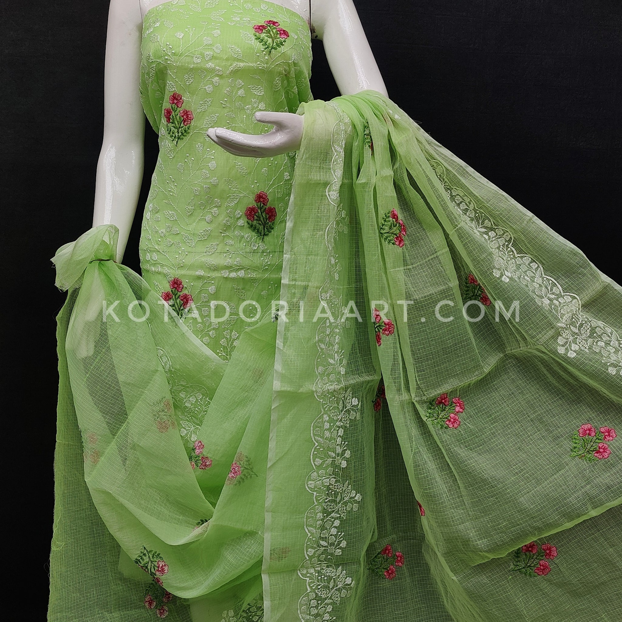 Green Kota Doria Cotton Embroidery Work Dress Material -