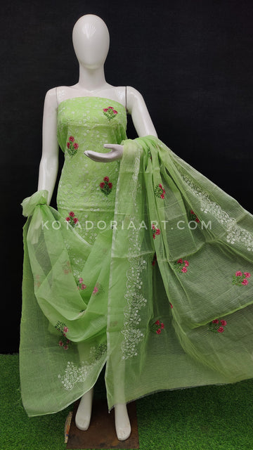 Green Kota Doria Cotton Embroidery Work Dress Material -