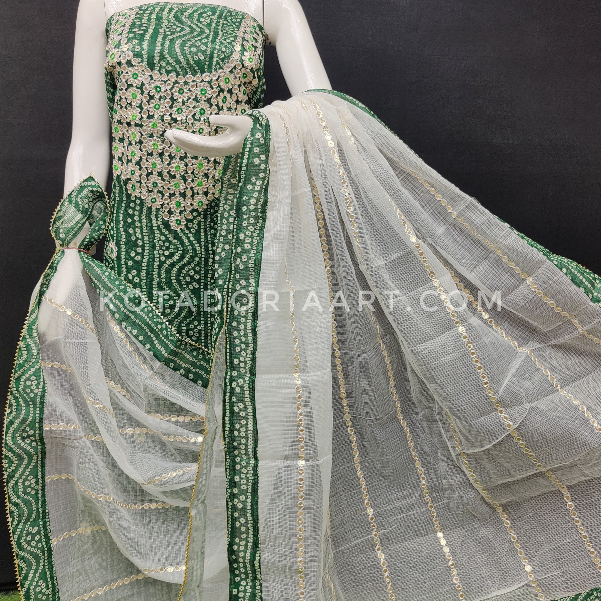 Green Bandhej Kota Doria Cotton Gota-Patti Work Dress Material